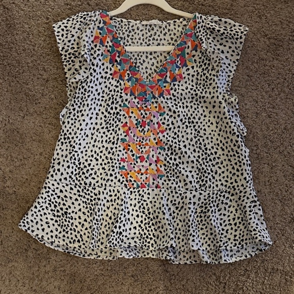 THML Flutter Sleeve Spotted V-Neck Blouse with Colorful Embroidery Design